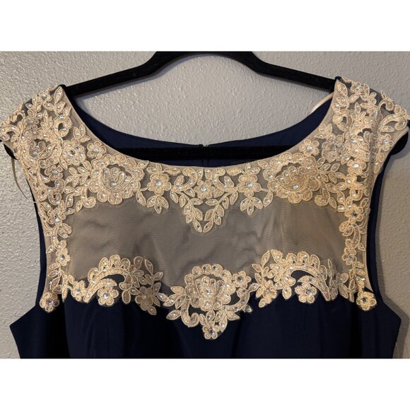 Alex Evenings Dress Navy Blue Gold 16 Long Ruffle Wedding Cruise Formal NEW - Picture 5 of 11